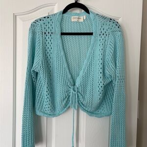 Women's Aqua Open-Knit Tie-Front Cardigan
